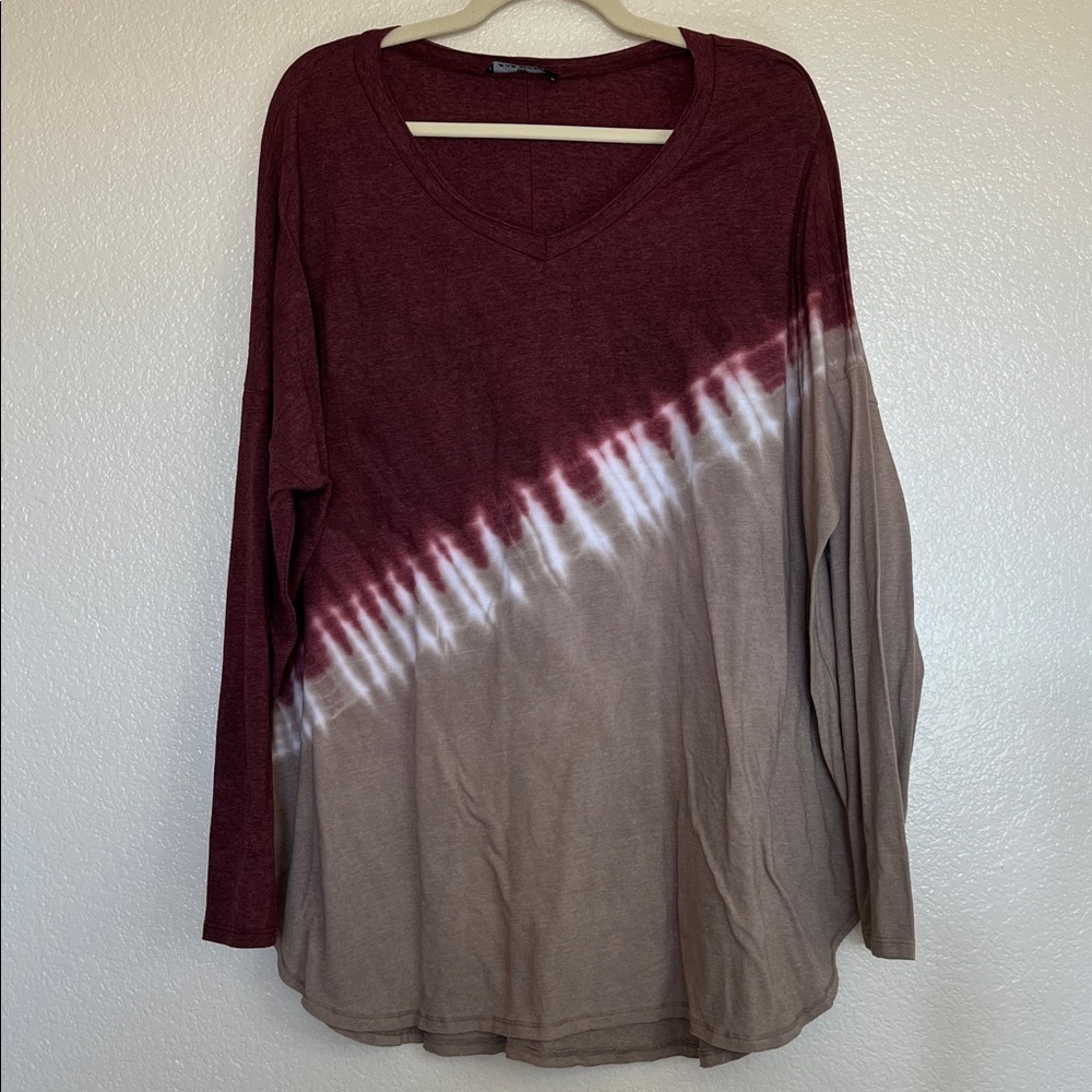 Burgundy and taupe tie dye look top, size 3X